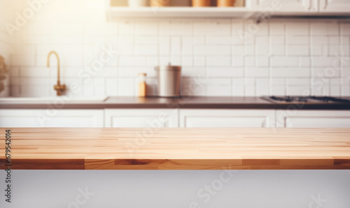 A wooden table top with a blurred kitchen background © ruang