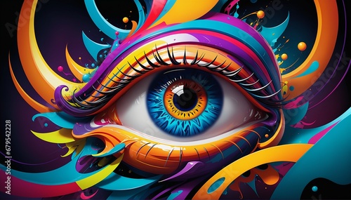A abstract, vibrant, colorful illustration of an eye. B bursting with energy. Chaotic yet harmonious composition, Contrasting colors. Abstract patterns. Swirling lines. 