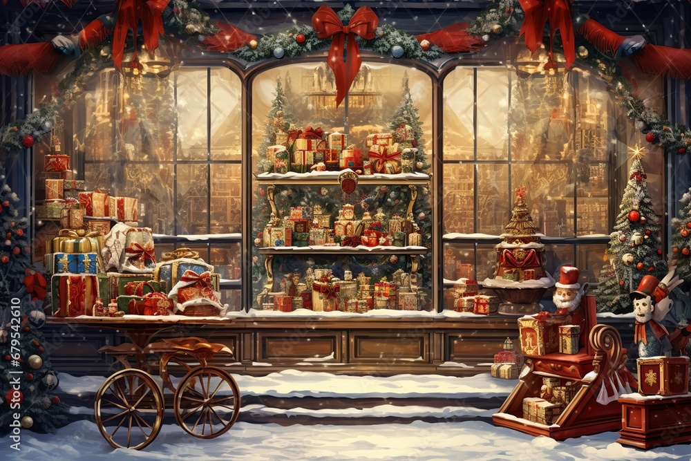 A storefront, antique toys and snow patterns on the glass, an old postcard A storefront, antique toys and snow patterns on the glass, an old postcard