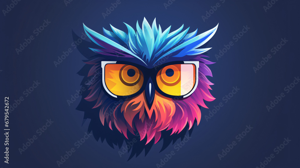 Vector colored owl logo with glasses and hair