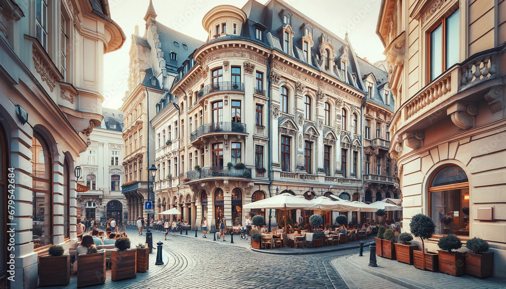 Fototapeta premium Classic European street view, featuring beautifully adorned buildings and cobbled streets2