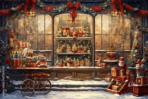 A storefront, antique toys and snow patterns on the glass, an old postcard photo