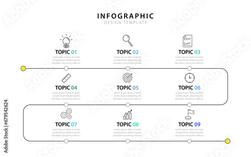 Infographic design template. Timeline concept with 9 options or steps template. layout, diagram, annual, report, presentation. Vector illustration. photo