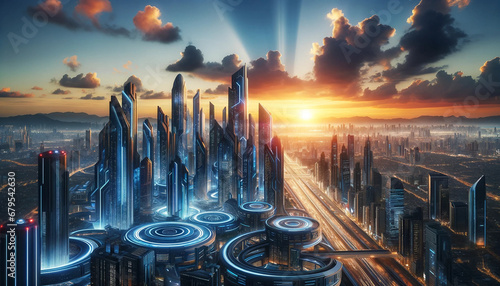 Futuristic Urban Skyline at Sunset_ A breathtaking view of a city skyline with futuristic architecture