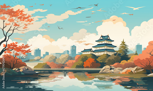 Illustration of Nagoya Castle Japan Popular tourist attractions Suitable for travel illustrations, postcards, Generative AI.