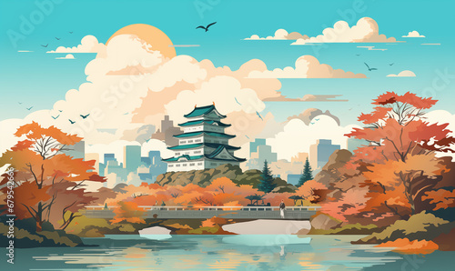 Illustration of Nagoya Castle Japan Popular tourist attractions Suitable for travel illustrations, postcards, Generative AI.