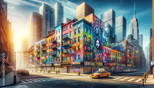 Colorful street art on urban buildings, showcasing the creativity and modern culture of the city