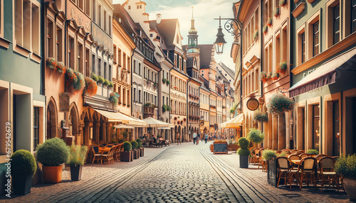 Classic European Street View_ A charming scene of a cobblestone street in a historic European city