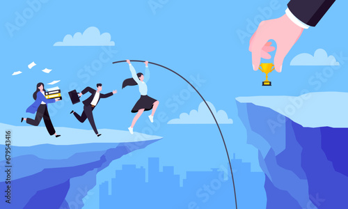 Business people jumps pole vault over abyss flat style design vector illustration