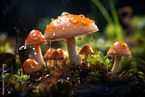 Hyper realistic mushrooms with dew drops in forest grass generated AI