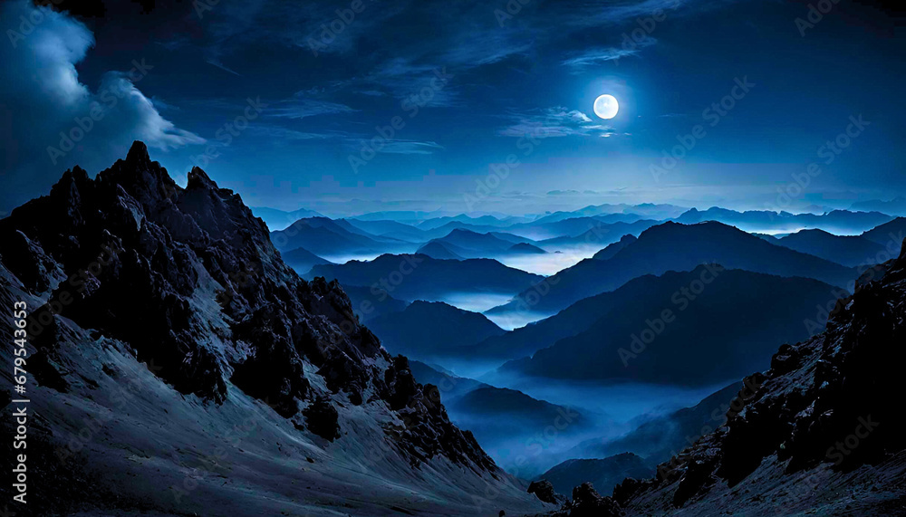 moon over the mountains, Moon over the Mountain Landscape, Moonrise Casting Radiance on Mountain Range