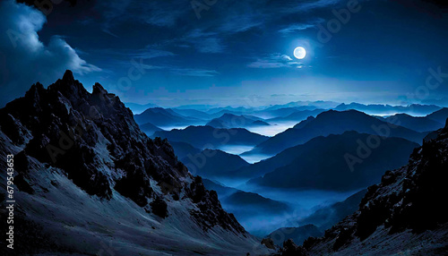 moon over the mountains, Moon over the Mountain Landscape, Moonrise Casting Radiance on Mountain Range