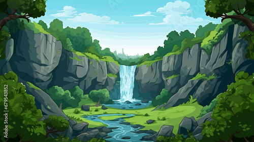 Nature landscape background with waterfall and mountains. Vector illustration in flat style