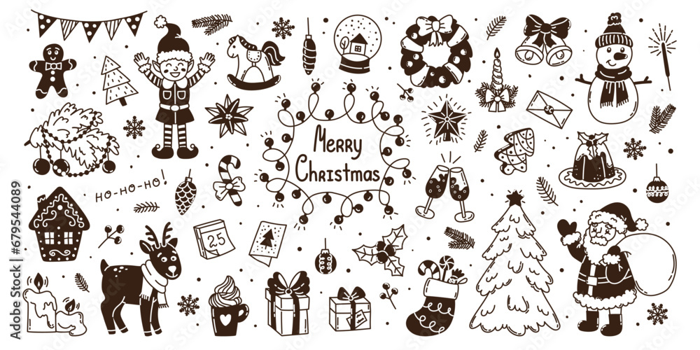 Naklejka premium Set hand drawn doodle Christmas elements. Santa Claus, Christmas tree, elf, deer, balls, garland, text Merry Christmas, gingerbreads, snowman, decoration. Flat vector illustration on white background