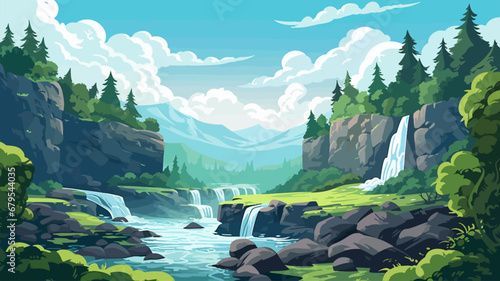Nature landscape with waterfall in cartoon style. Vector illustration of waterfall in forest.