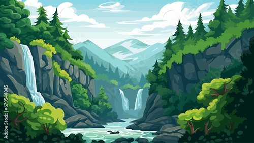 Nature landscape with waterfall in cartoon style. Vector illustration of waterfall in forest.