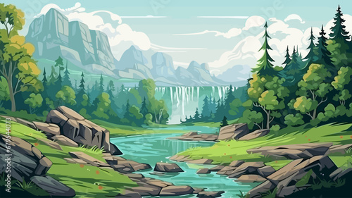 Nature landscape with waterfall in cartoon style. Vector illustration of waterfall in forest.