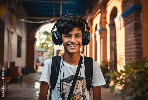 young smiling boy wearing headphones standing in front of a school lo-fi aesthetic multicultural queer academia