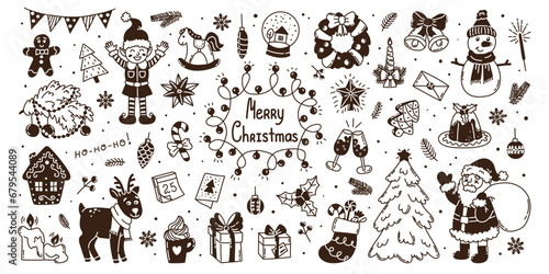 Set hand drawn doodle Christmas elements. Santa Claus, Christmas tree, elf, deer, balls, garland, text Merry Christmas, gingerbreads, snowman, decoration. Flat vector illustration on white background