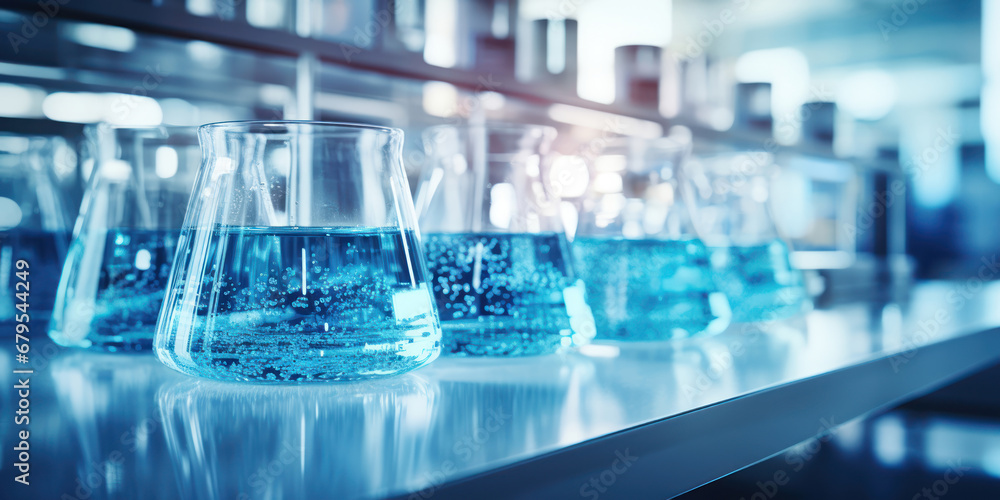 Scientific lab with experiments involving blue fluid Scientific lab with experiments involving blue fluid