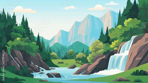 Beautiful landscape with a waterfall in the forest. Vector illustration.