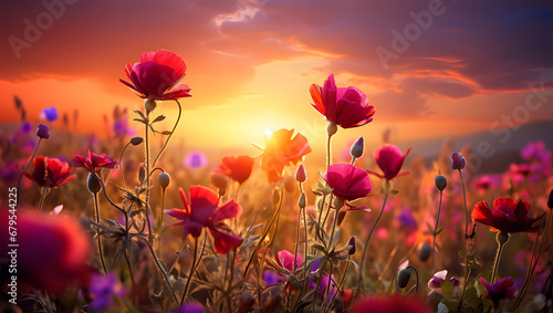 poppy field in sunset ai generative