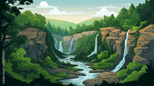 Beautiful landscape with a waterfall in the forest. Vector illustration.