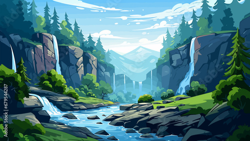 Waterfall in the mountains. Cartoon style. Vector illustration for your design