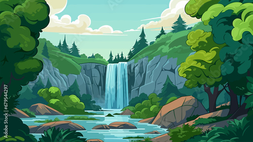 Waterfall in the mountains. Cartoon style. Vector illustration for your design