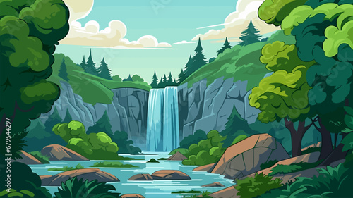Waterfall in the mountains. Cartoon style. Vector illustration for your design