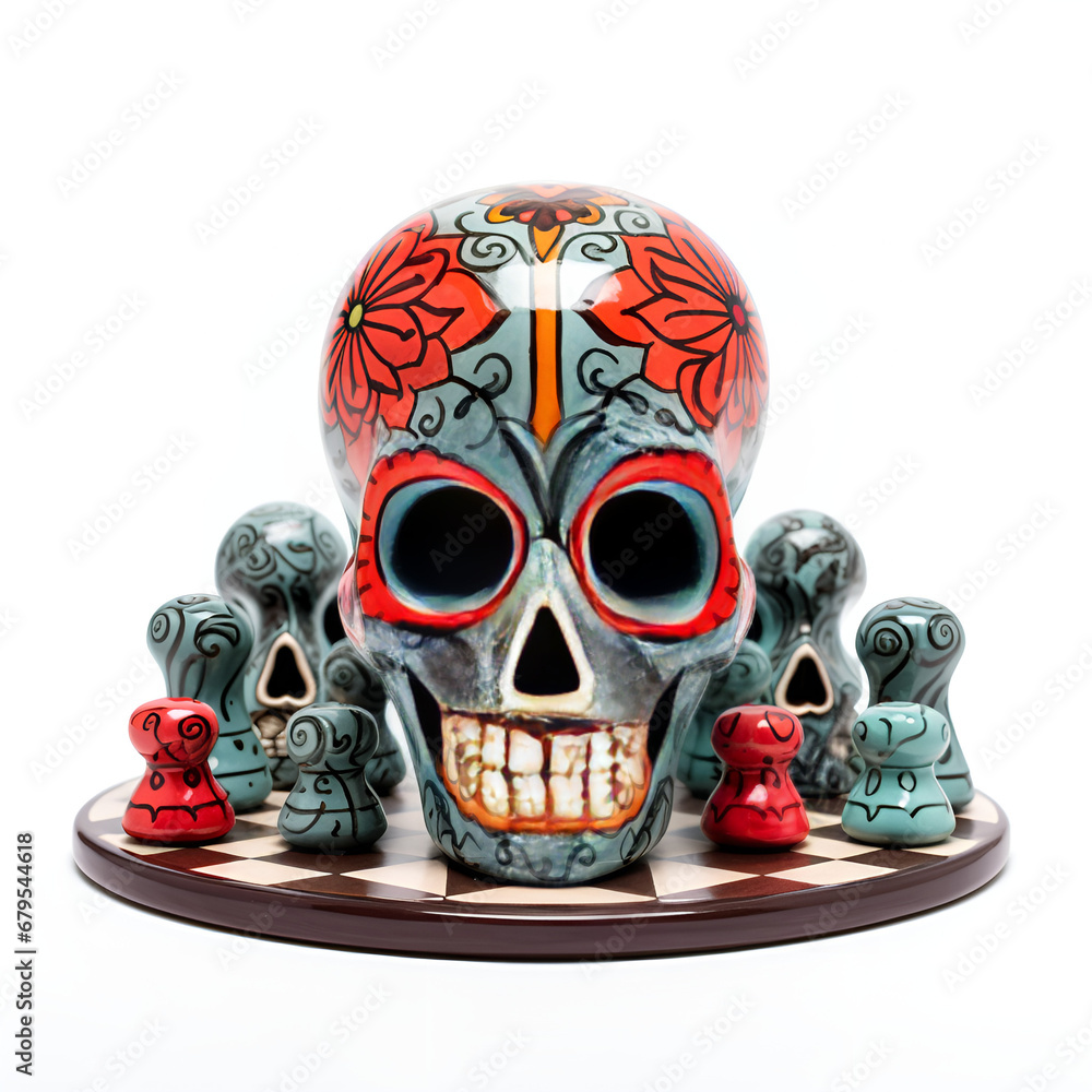 Skull with Red and Blue Painted Face and Figures Skull with Red and Blue Painted Face and Figures