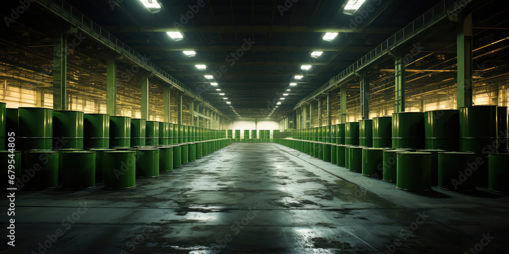 Vacant warehouse filled with rows of green barrels Vacant warehouse filled with rows of green barrels