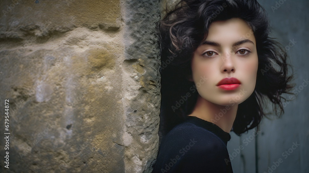 A dark haired Italian female model standing against stone wall. Beautiful complexion highlighting skin care. Moody and sensual. A dark haired Italian female model standing against stone wall. Beautiful complexion highlighting skin care. Moody and sensual.