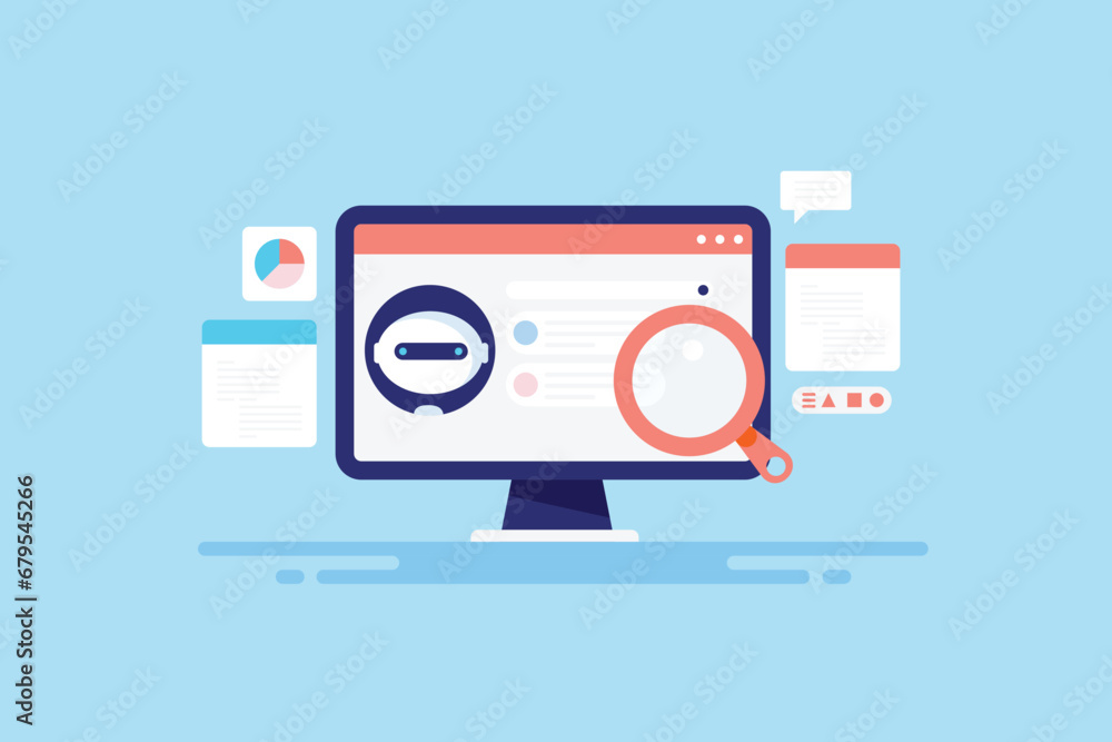 AI robot assistant integrated with search engine technology, providing instant answers to search query, vector illustration web banner. AI robot assistant integrated with search engine technology, providing instant answers to search query, vector illustration web banner.