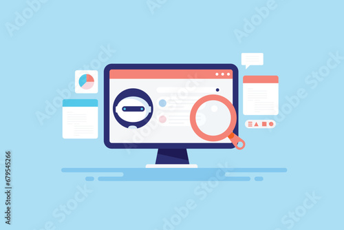 AI robot assistant integrated with search engine technology, providing instant answers to search query, vector illustration web banner.