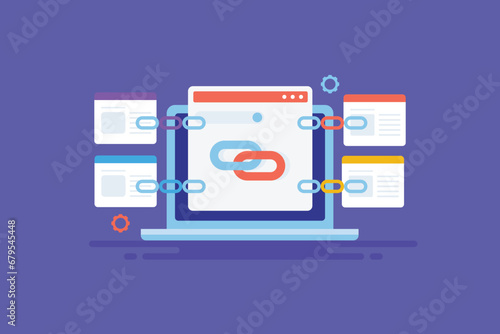 Website linking with other web pages, digital marketing strategy SEO optimization, concept of link building domain authority backlink vector illustration.