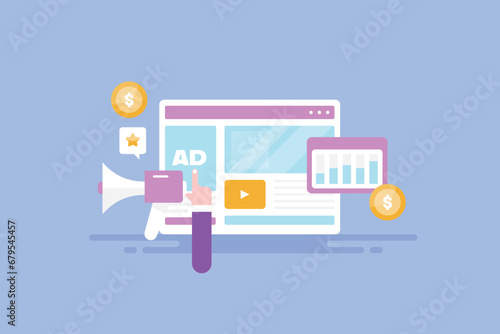 Business promotion on internet megaphone message to online audience, advertising sending traffic to website, paid media campaign marketing data analytics vector illustration.