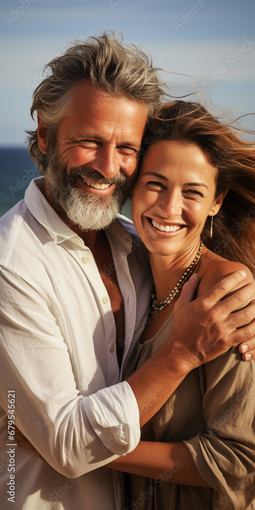 middle-aged couple hug smiling at the beach