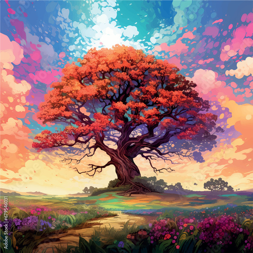 illustration colorful flowers and a big oak tree © Linggakun