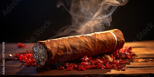 Smoldering cigar laying on a wooden surface