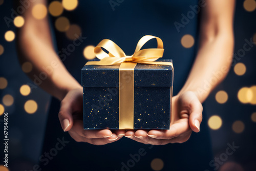 Manos de mujer entregando un regalo con envoltorio azul con un lazo dorado.