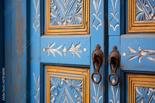 Puerta azul antigua tallada con pomos de hierro oxidado. photo