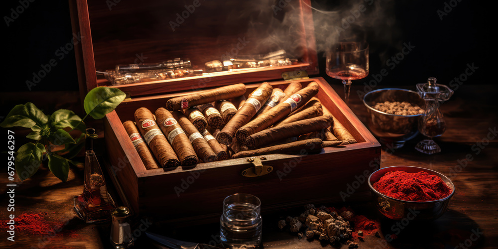 Cigars and rolling accessories inside an opened wood box - obrazy, fototapety, plakaty 