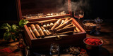 Cigars and rolling accessories inside an opened wood box