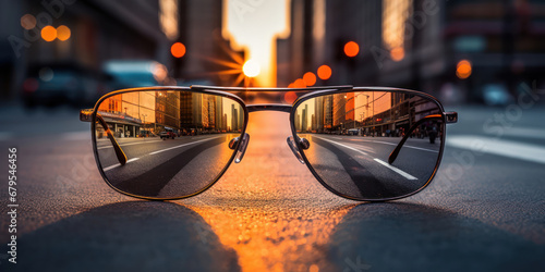 Reflective sunglasses lying on an urban road at dusk