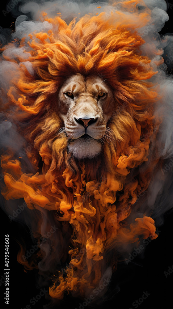 A picture of a lion with a lot of smoke coming out of it. Generative AI.