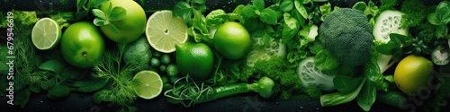 A group of green fruits and vegetables on a table. Generative AI. photo
