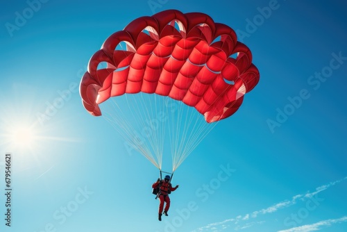 A person is parasailing in the blue sky. Generative AI.