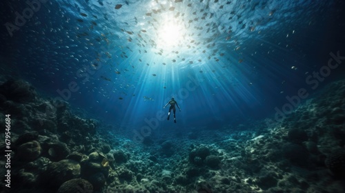 A person swimming in the ocean with a lot of fish. Generative AI.
