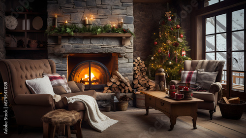 Chrismas Rustic living room decorated for Christmas photo